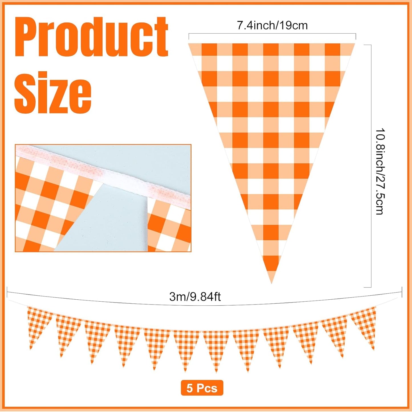 Pasimy 49.21 ft 60 Pieces Orange Gingham Pennant Banner - Fall Thanksgiving Checkered Garland Decor, Gingham String Triangle Flags for Birthday Baby Shower Little Cutie Party Decorations Supplies
