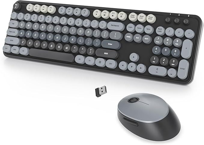 Wireless Keyboard and Mouse Set, Retro Typewriter, 2.4GHz Full Size 104-Key Cute Keyboard with Number Pad, Colorful Keyboard with Round Keycaps for Windows PC Laptop(Black Gray)