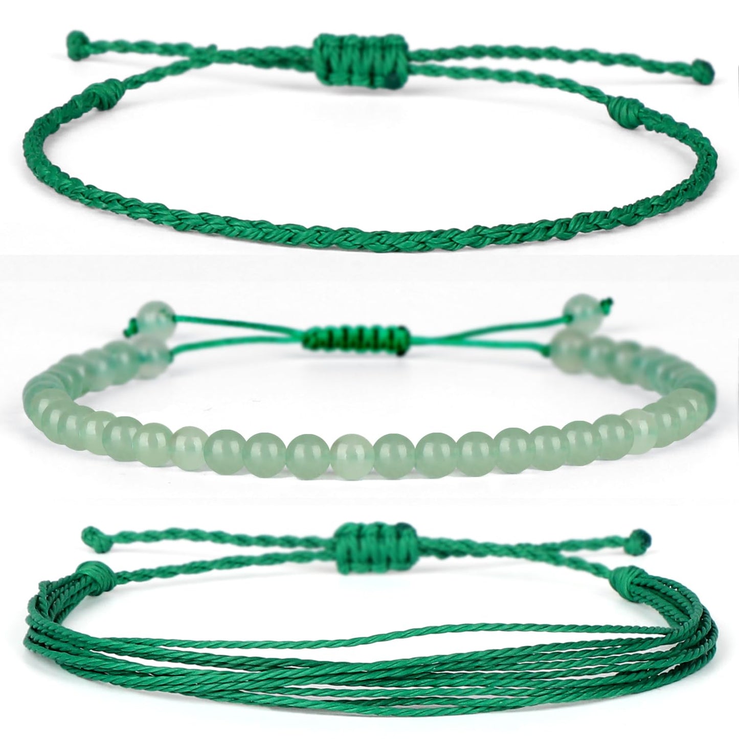 QOGIR Handmade Healing Stones Bracelet,4mm Natural Green Aventurine Gemstone Beads Bracelet,for Men Women Gifts with 2PCS Size Adjustable Rope Bracelets