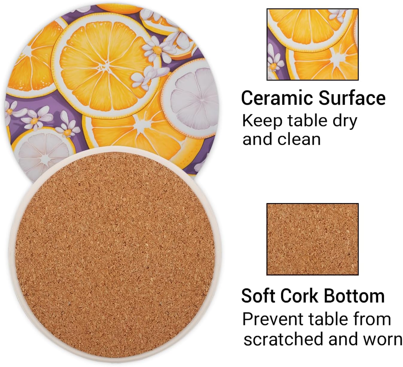 Ceramic Coasters for Drinks with Cork Back,Citrus Slice Daisy 4 Inch Absorbent Coaster Set 4 Pack, Quick Dry Non-Slip Coaster Mats for Home, Office, Bar
