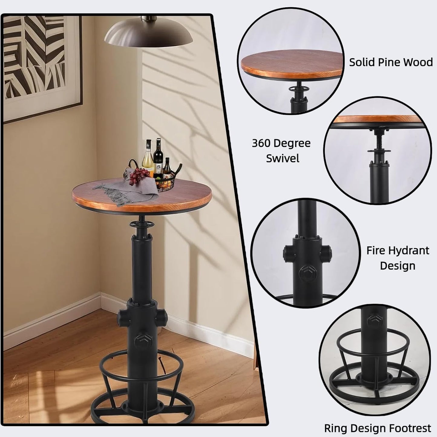 Vintage Bistro Table Height Adjustable 38.6-44.4inch Industrial Bar Table for Kitchen Dining Room Coffee House Pub Office Swivel Round Wooden Top for 2-3 People