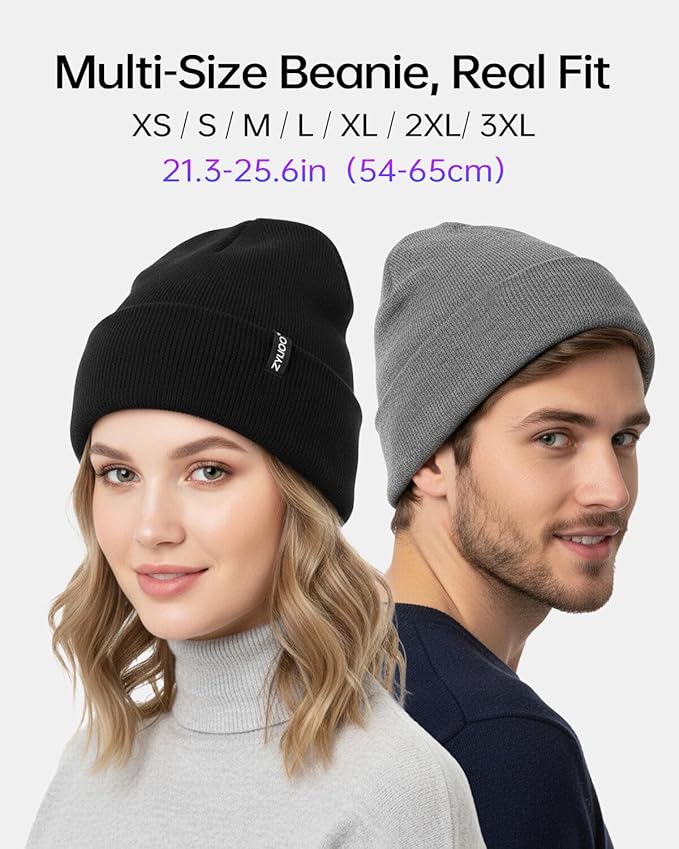 Zylioo Oversize Beanie Hats, XXL Big Size Ribbed Knit Cuffed Winter Hat for Cold Weather, Warm Skull Watch Cap