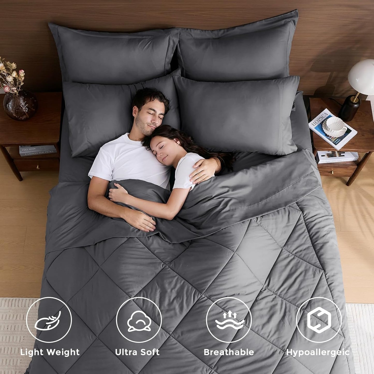 HEVUMYI Twin-XL Comforter Set - 5-Piece All Season Bed in a Bag Twin-XL, Ultra Soft Bedding Set with Comforter, Flat Sheet, Fitted Sheet, Pillowcases, Pillow Shams, Dark Grey