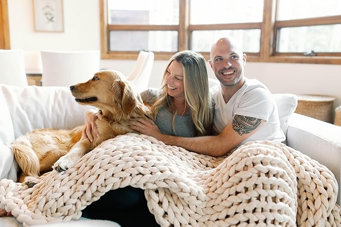 Nuzzie Chunky Knit Weighted Blanket - Breathable, Cooling, Hand Made Knit Throw Blanket for Sleep - Machine Washable, Stylish Design (Cream, Full | 16lbs | 48"x72")
