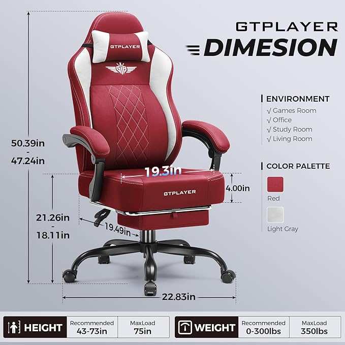GTPLAYER Big and Tall Gaming Chair Breathable Fabric Computer Chair with Strong Lumbar Support, Comfortable Office Chairs with Pocket Spring Cushion, High Back Ergonomic Desk Chairs with Footrest
