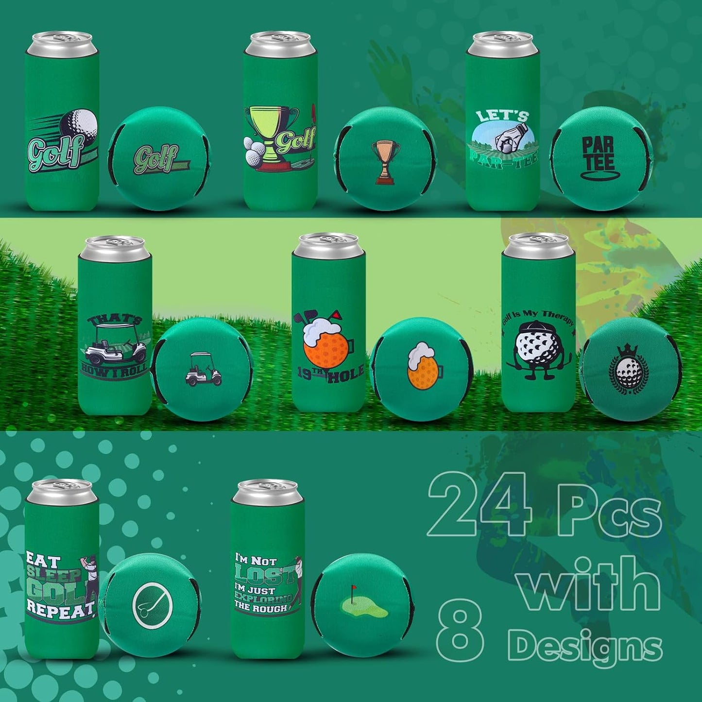 Layhit 24 Pcs Funny Golf Themed Can Cooler Hole in One 12 oz Can Sleeve Bulk Golf Gifts Reusable Insulated Neoprene Cup Holder for Golfer Game Party Bachelor(Slim)