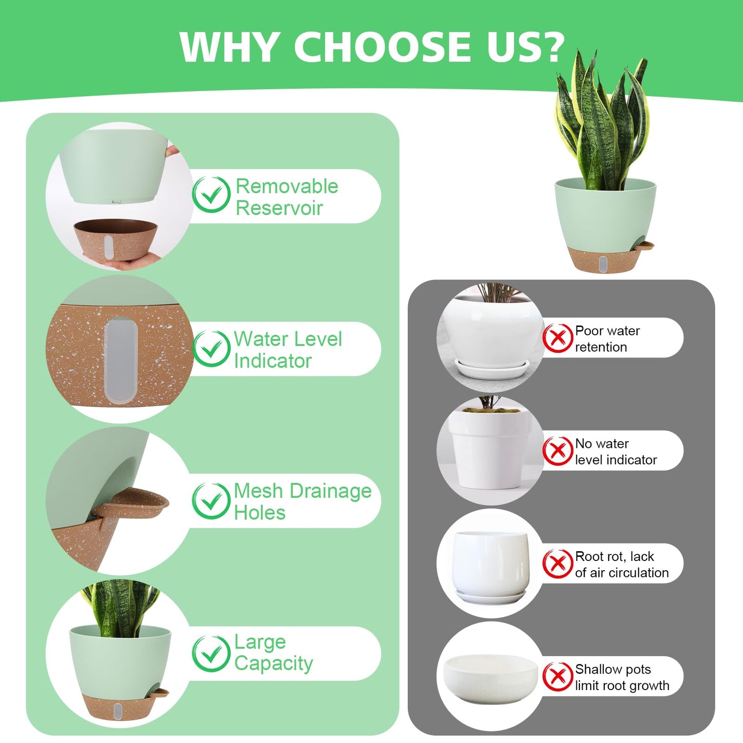 12" 10" 9" 8" Self Watering Pots with Water Level Indicator, Large Plastic Planters Set with Mesh Drainage Hole and Removable Saucer Reservoir, Big Flower Pot for Indoor Outdoor Plants (Green)