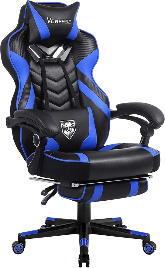Vonesse Gaming Chair, Big and Tall Gaming Chair with Footrest and Massage, Gaming Chairs for Adults with Lumbar Support, Ergonomic High Back Computer Chair with Pocket Spring Cushion (Black/Blue)