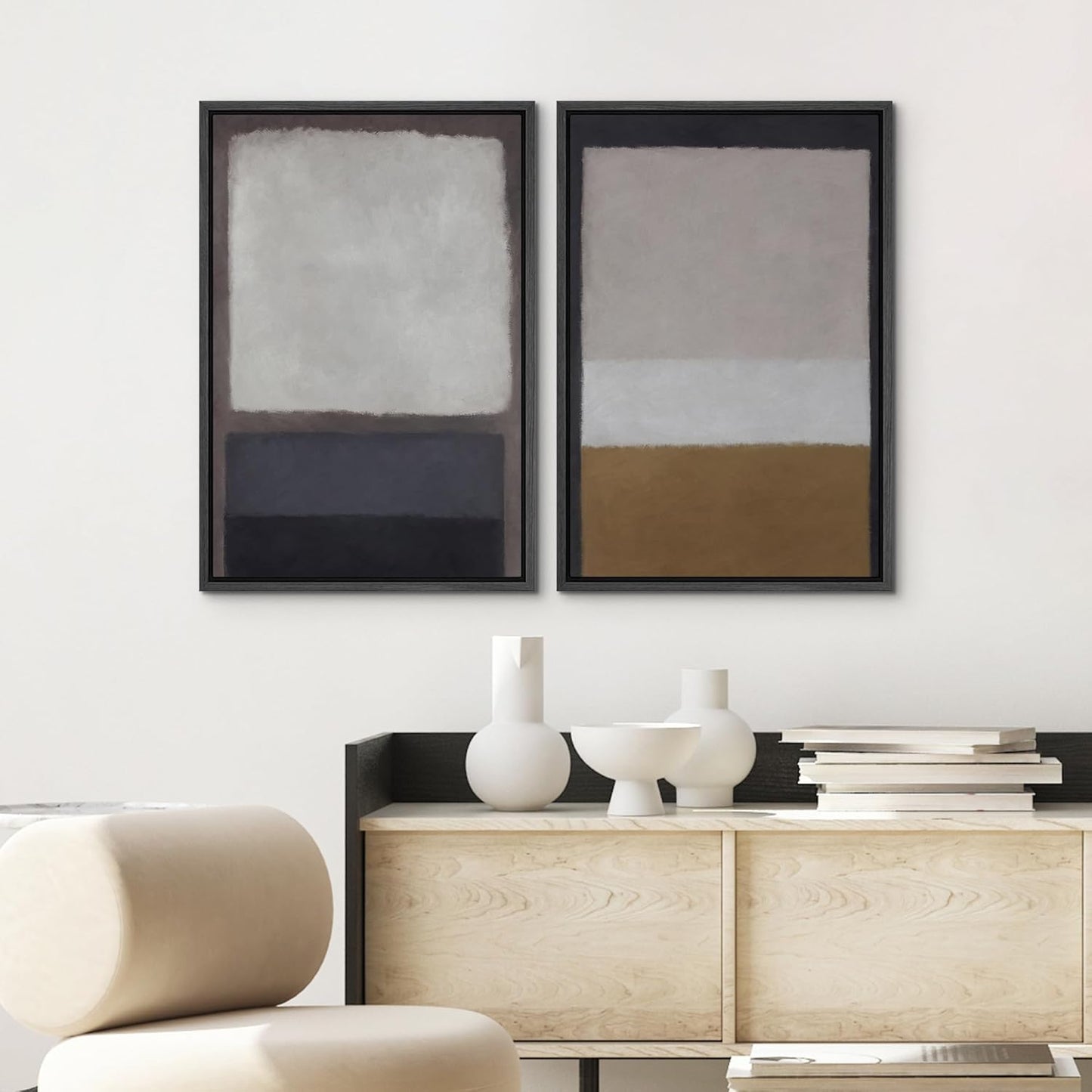 SIGNWIN Framed Canvas Print Wall Art Set Gray Brown Pastel Geometric Color Blocks Abstract Shapes Illustrations Art Contemporary Decorative for Living Room, Bedroom, Office - 24"x36"x2 Black
