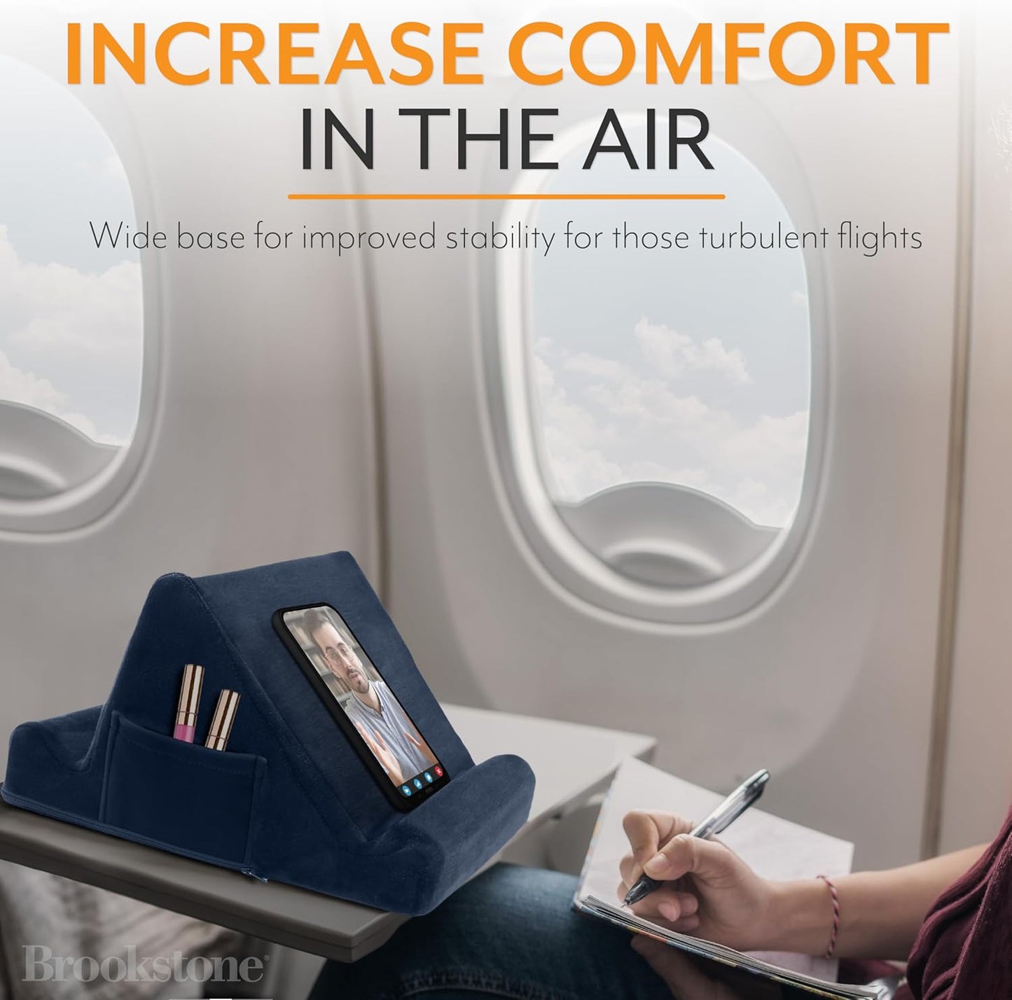 Brookstone, Memory Foam Lap Desk Tablet Holder, Holds Phones, iPads, E-Book Readers, 2 Viewing Angles, 2 Side Pockets for Accessories, Book Holder Cushion, Perfect Home, Car Travel, Flights, Blue