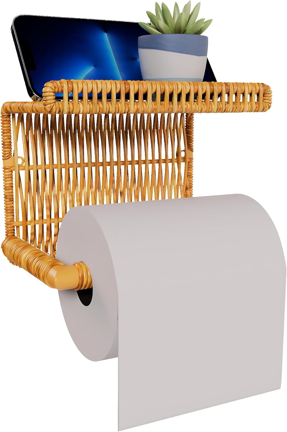 Synthetic Rattan Toilet Paper Holder with Shelf – Fits Mega Rolls, Boho Bathroom Decor Roll Holder for RV, Washroom, Kitchen – Water-Resistant Woven Tissue Dispenser (Natural, Screw Mount)
