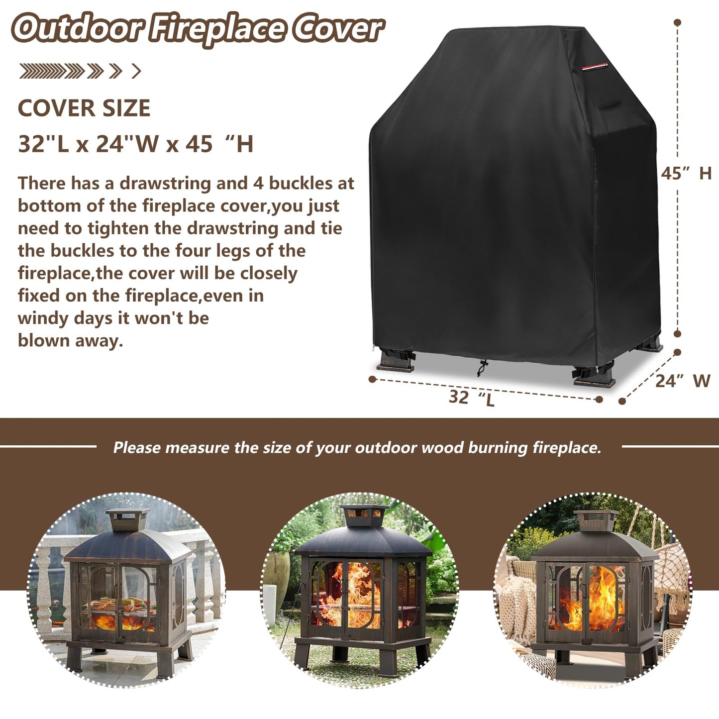 Outdoor Fireplace Cover,Heavy Duty 600D Waterproof Square Chimineas Fireplace Covers,Cover for Panovue Chiminea Fire Pit,32" L x 24" W x 45" H,Black
