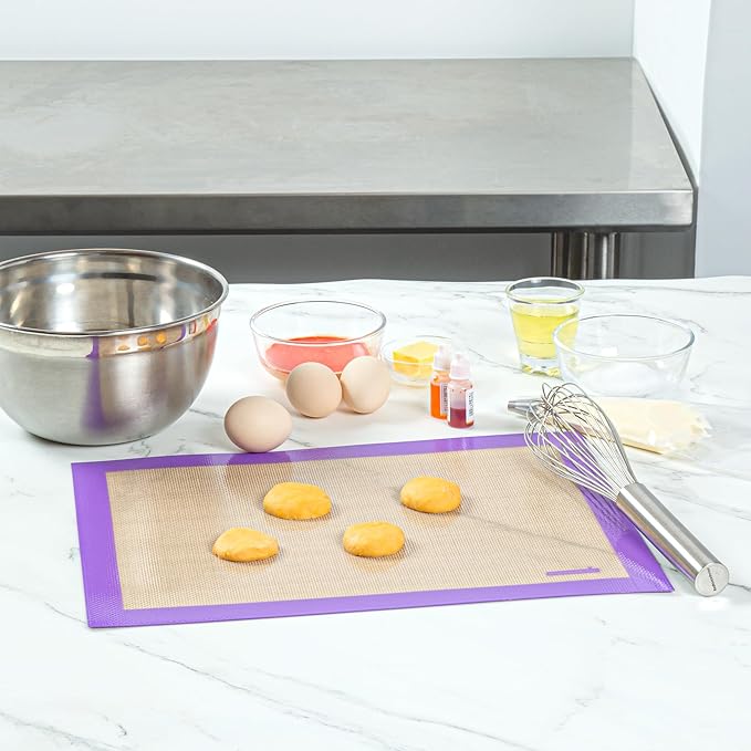 Restaurantware Half Size Baking Mat 1 Heat-Resistant Cooking Mat - Allergen-Safe Reusable And Ultra-Durable Tan And Purple Silicone Nonstick Mat For Pans And Rolling 11.8 x 15.75 Inch
