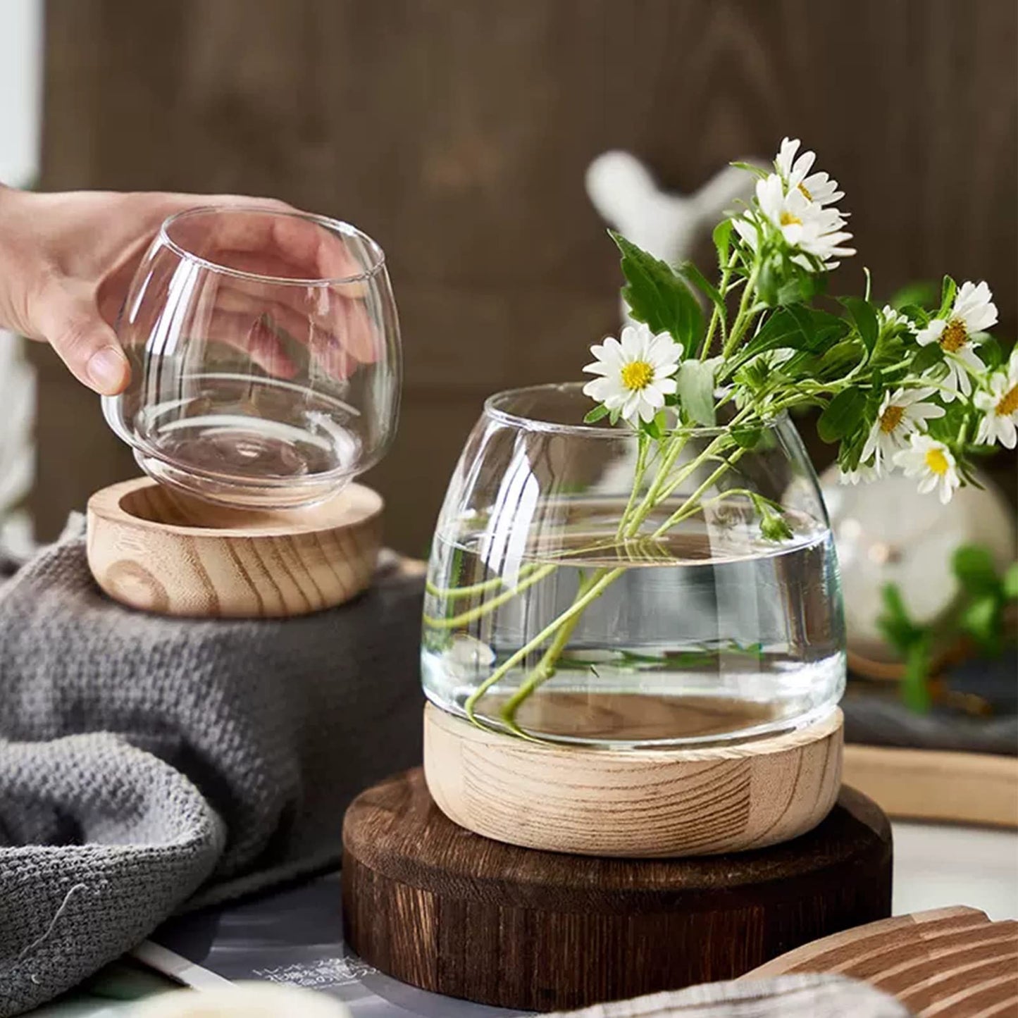 Glass Vase with Wooden Support Base, 1pcs Clear Glass Bubble Vase, Hydroponic Plant Terrarium Aquarium Goldfish Bowl for Home Office Centerpieces Flower Arrangement Decor (A 30 × 24 × 24 cm)