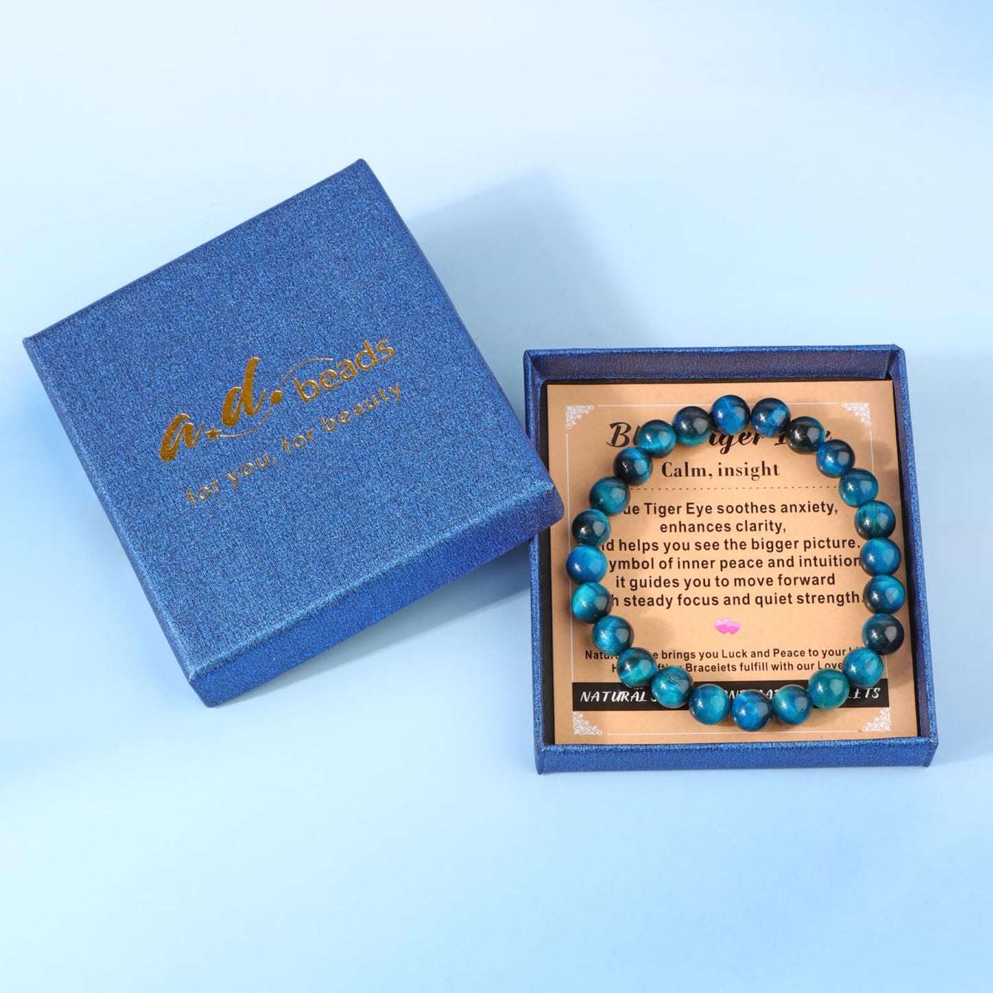 AD Beads 4mm Handmade Blue Tiger Eye Elastic Bracelet – Natural Gemstone for Calm and insight – Meditation, Yoga, Healing and Energy Gift for Men Women
