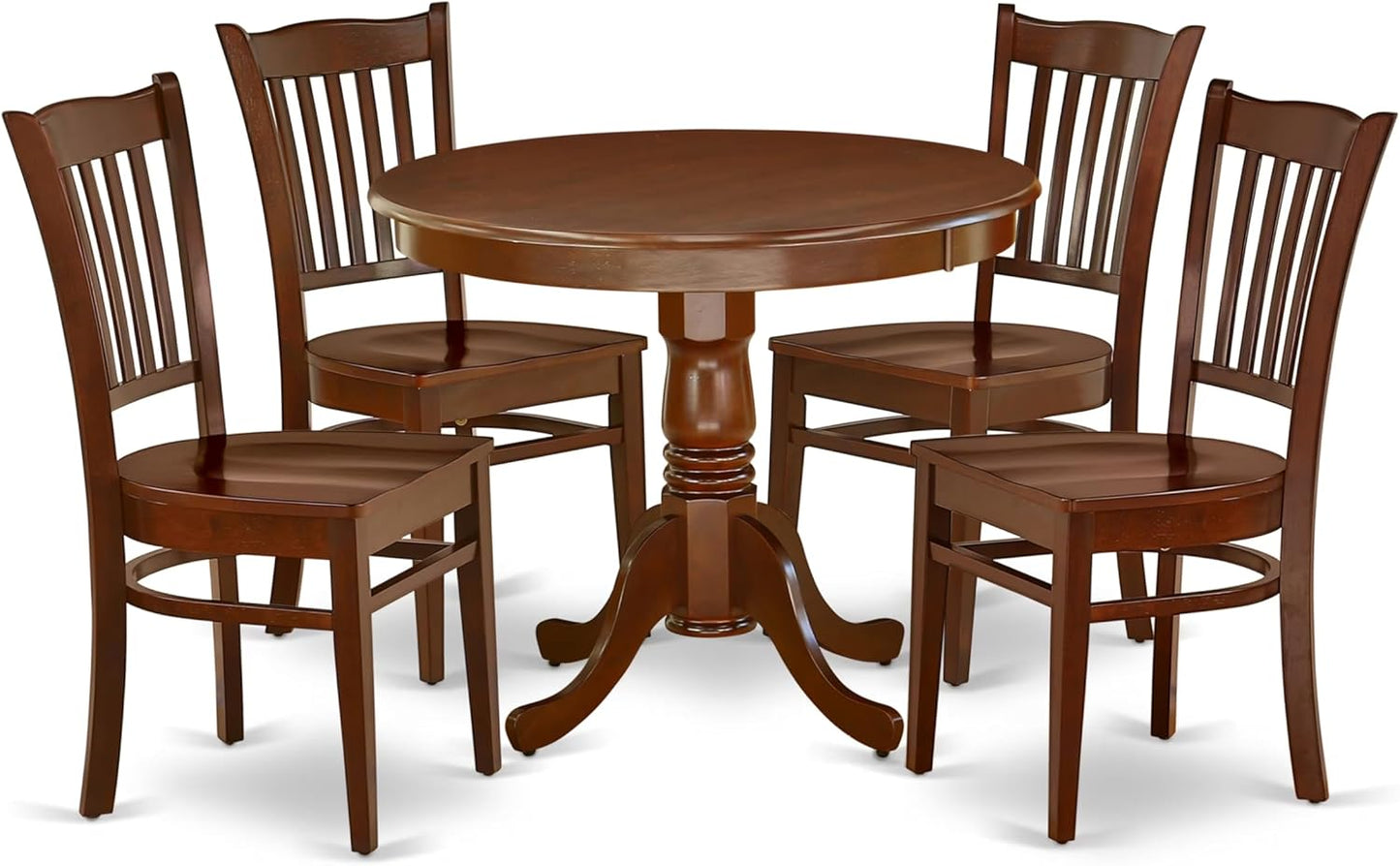 East West Furniture ANGR5-MAH-W 5 Piece Dining Room Table Set Includes a Round Kitchen Table with Pedestal and 4 Dining Chairs, 36x36 Inch, Mahogany