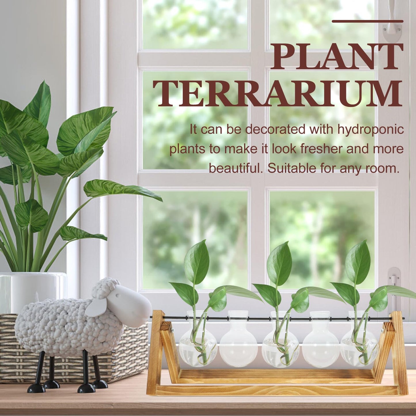 Zerodeko Small Glass Vase Set with Wooden Stand, Hydroponic Propagation Bottles for Desktop Plant Terrarium, Home Décor Flower Vase Kit for Indoor Gardening and Green Plant Display