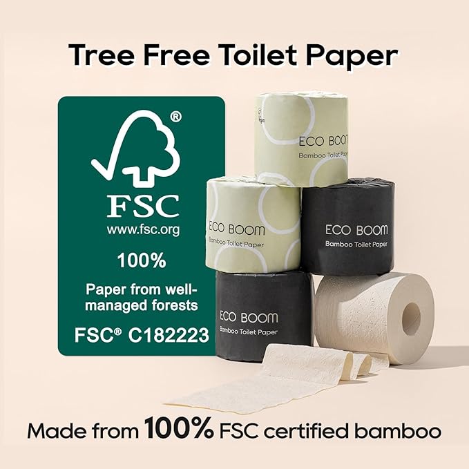 ECO BOOM Toilet Paper 100% Bamboo 3-Ply, Tree Free & Chemical Free Packaging, 24 mega Rolls, 360 Sheets｜PFAS Free, BPA Free, Septic Safe & FSC Certified