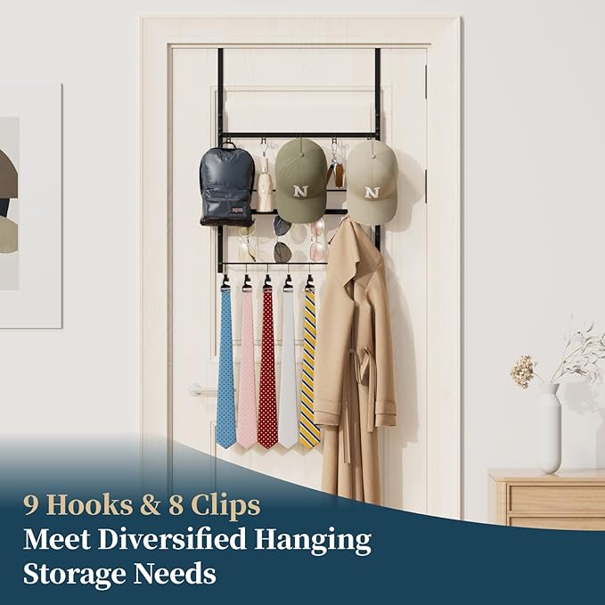 Consumest Over The Door Organizer - 3 Tier Door Hanger Hooks for Hanging Clothing, 24 Inches Long Coat Hanger for Bedroom, Bathroom, Laundry or Dorm Room, Black