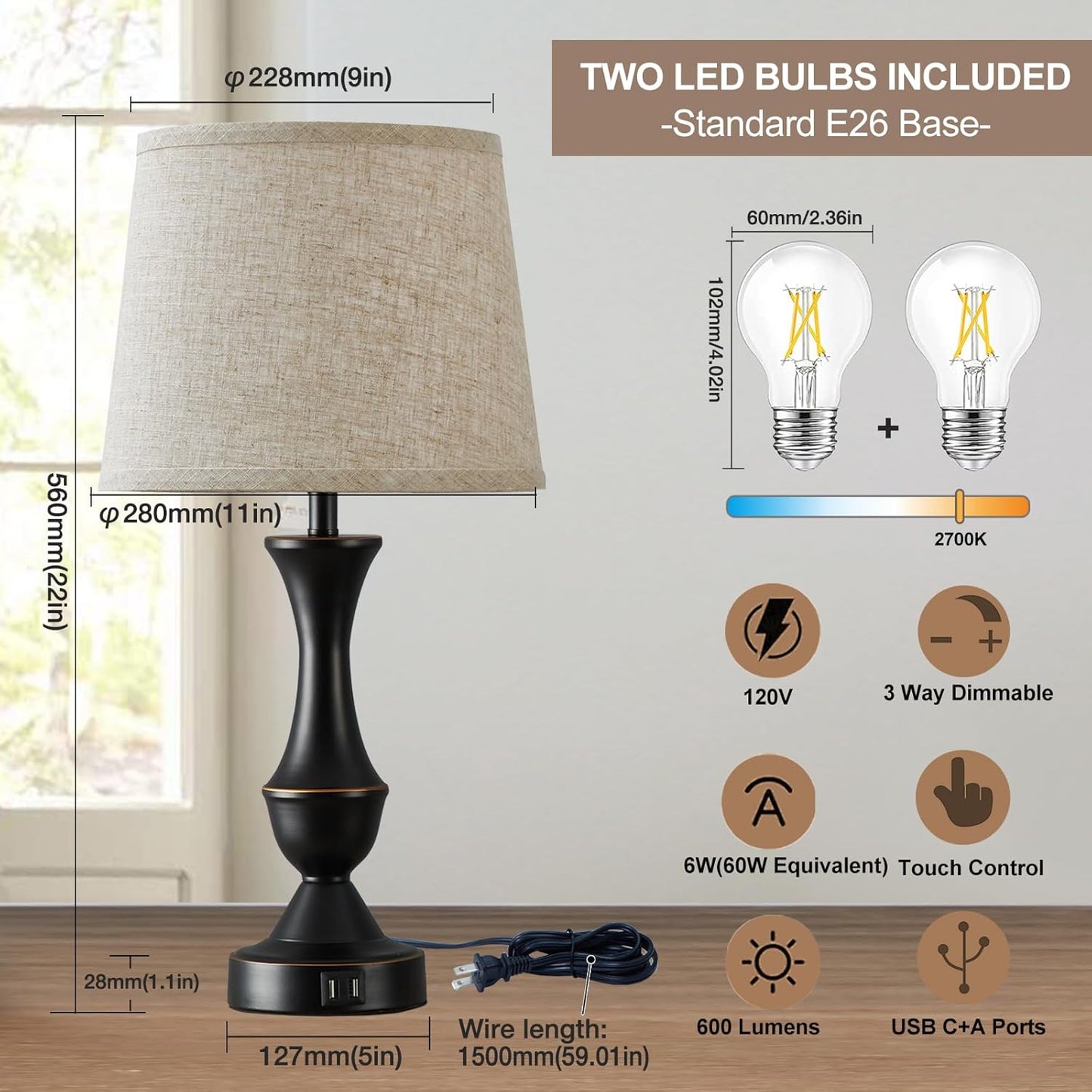 Upgraded Touch Table Lamps Set of 2, 22" Tall Bedside Lamps with USB C+A Ports, 3 Way Dimmable Nightstand Lamps for Bedroom, Living Room, Office, Black Lamp with Beige Lampshade, Bulb Included