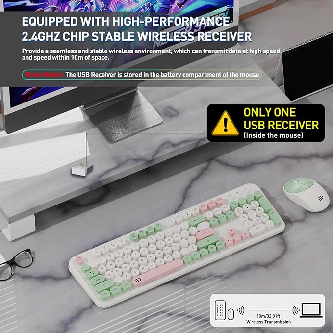 FD 2.4GHz Wireless Keyboard and Mouse Set with Switch Button - Full-Size Keyboard - Compatible for Windows/Laptop/PC/Notebook/Smart TV and More - Milky White Green Colorful