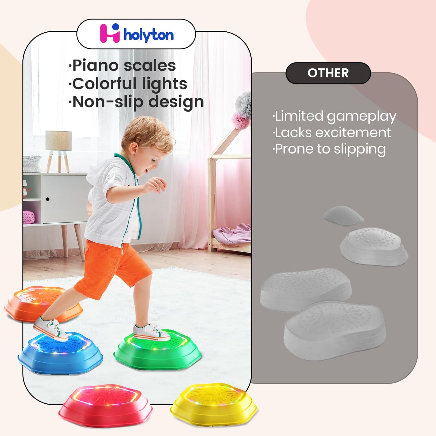Holyton Light Up Stepping Stones for Kids, 5 Pack Sensory Balance Stepping Stones with Rechargeable Batteries, Non-Slip Toddler Stepping Stones for Ages 3-8, Indoor Outdoor Active Play, Red