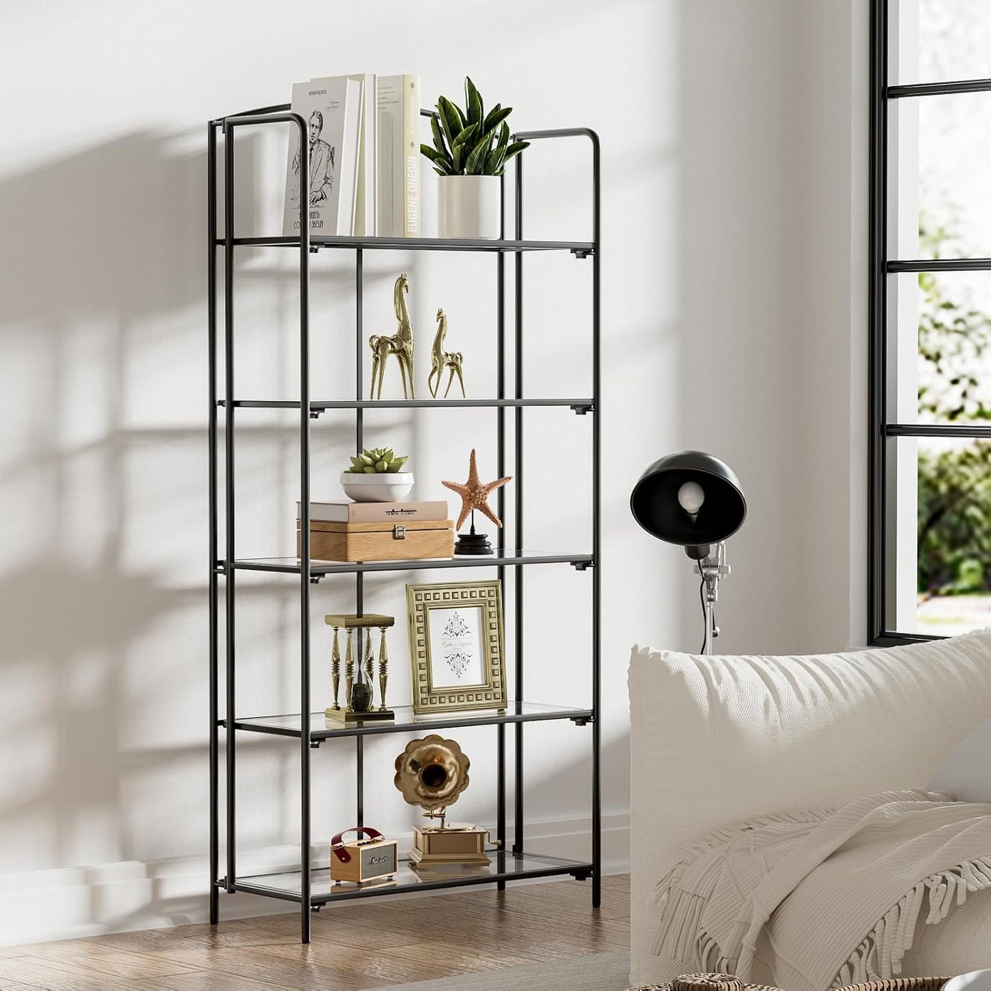Crofy No Assembly Folding Bookshelf for Living Room, 5 Tier Black Collapsible Book Shelf for Home Office, Portable Bookcase Storage Organizer