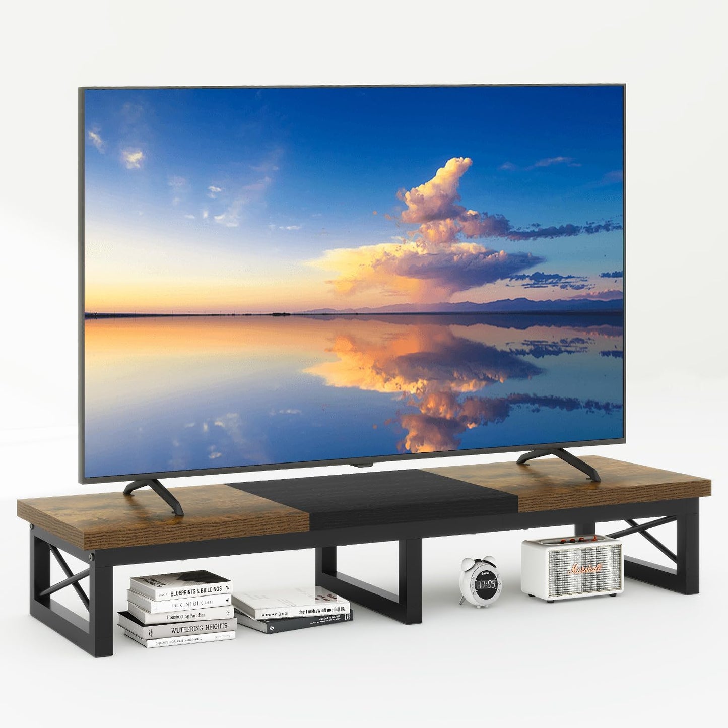 IBUYKE 45" Large TV Riser for 32-60 inch TV,Tabletop Short TV Stand with Storage and Steel Legs,Dual Screen Office Desk,Stand Riser,TV Riser Stand for Home,Bedroom,Living Room,Rustic Brown TVT002H