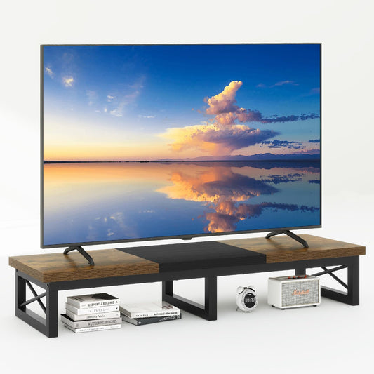 IBUYKE 45" Large TV Riser for 32-60 inch TV,Tabletop Short TV Stand with Storage and Steel Legs,Dual Screen Office Desk,Stand Riser,TV Riser Stand for Home,Bedroom,Living Room,Rustic Brown TVT002H