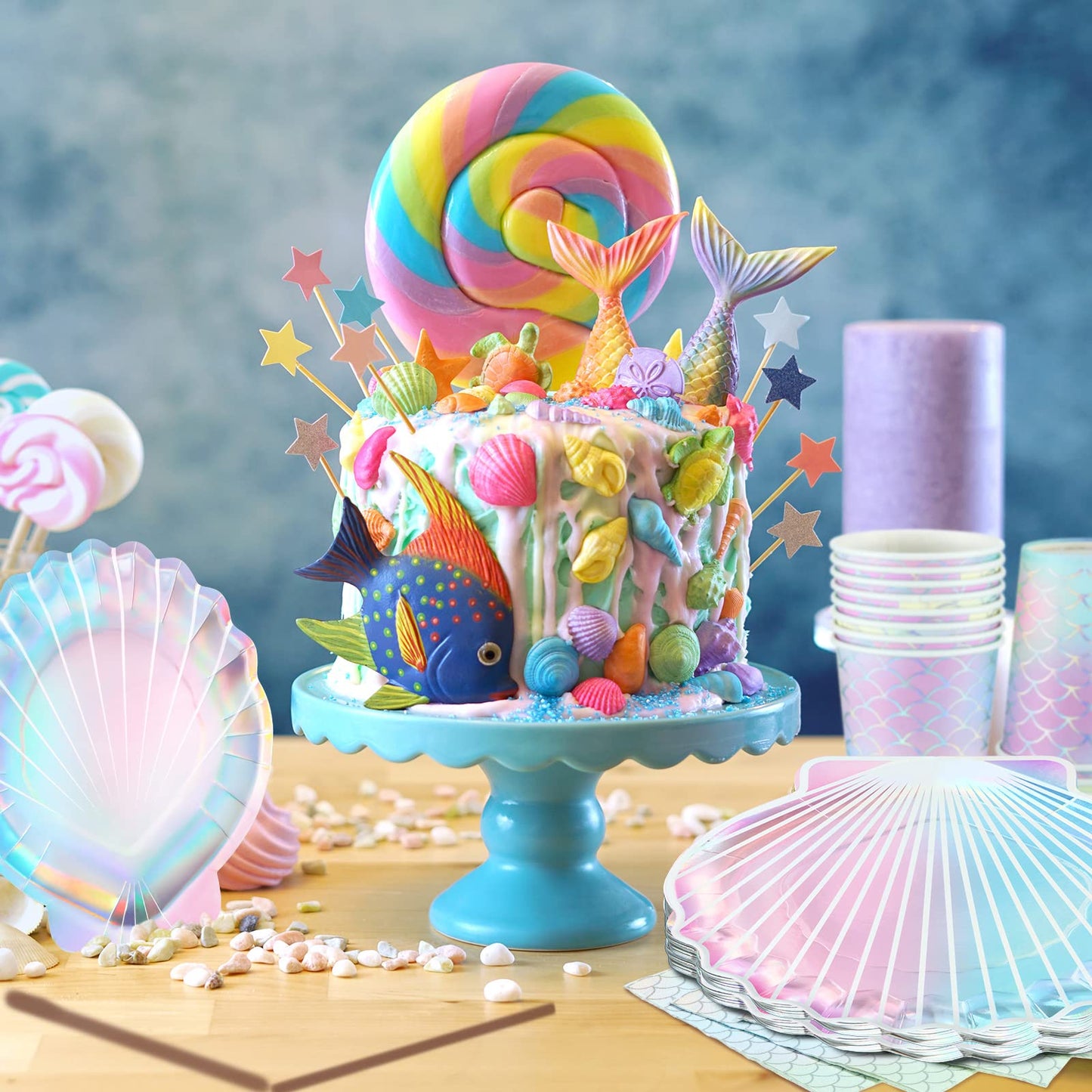 Hoolerry 200 Pcs Mermaid Party Supplies 7 Inch 9 Inch Disposable Paper Seashell Plates, Napkins and Cups Cutlery Dinnerware Set for Under The Sea Birthday Baby Shower Ocean Party Decoration, Sever 50