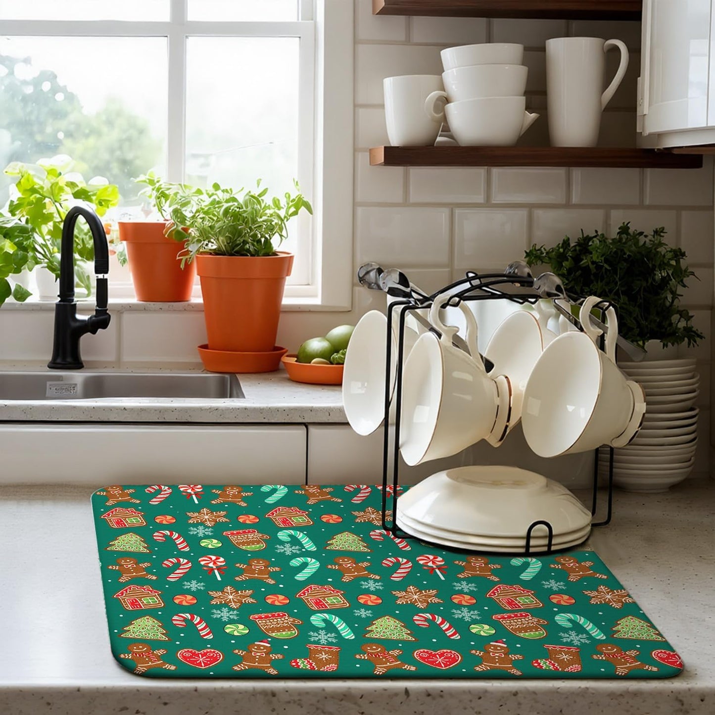 Green Christmas Drying Mat for Kitchen Counter 16" X 18" Christmas Dish Drying Mat for Kitchen Decor Candy Xmas Drying Mats For Home Counter Drying Mats For Dishes Dish Mat Drying Mat