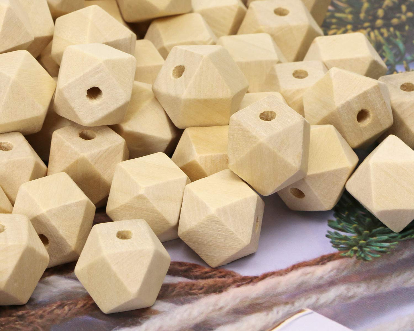 Penta Angel 100PCS 16mm/0.63" Unpainted Faceted Geometric Wood Beads Unfinished Natural Color Polygons Shape DIY Wooden Spacer Beads with 3.5mm Hole for Handmade Necklace(16mm)