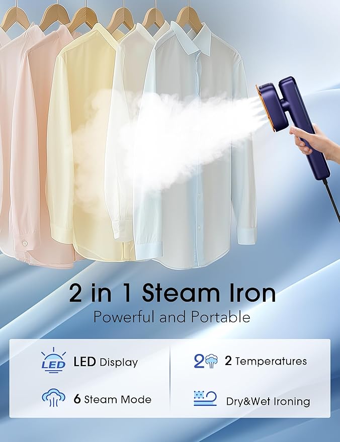 Travel Steamer for Clothes, 110-240V Dual Voltage Portable 2-in-1 Steamer ＆ Iron 2 In 1 Mini Handheld Garment Steamer Iron, 1100W, Large Ceramic Heat Panel for Home & Global & Europe Traveling