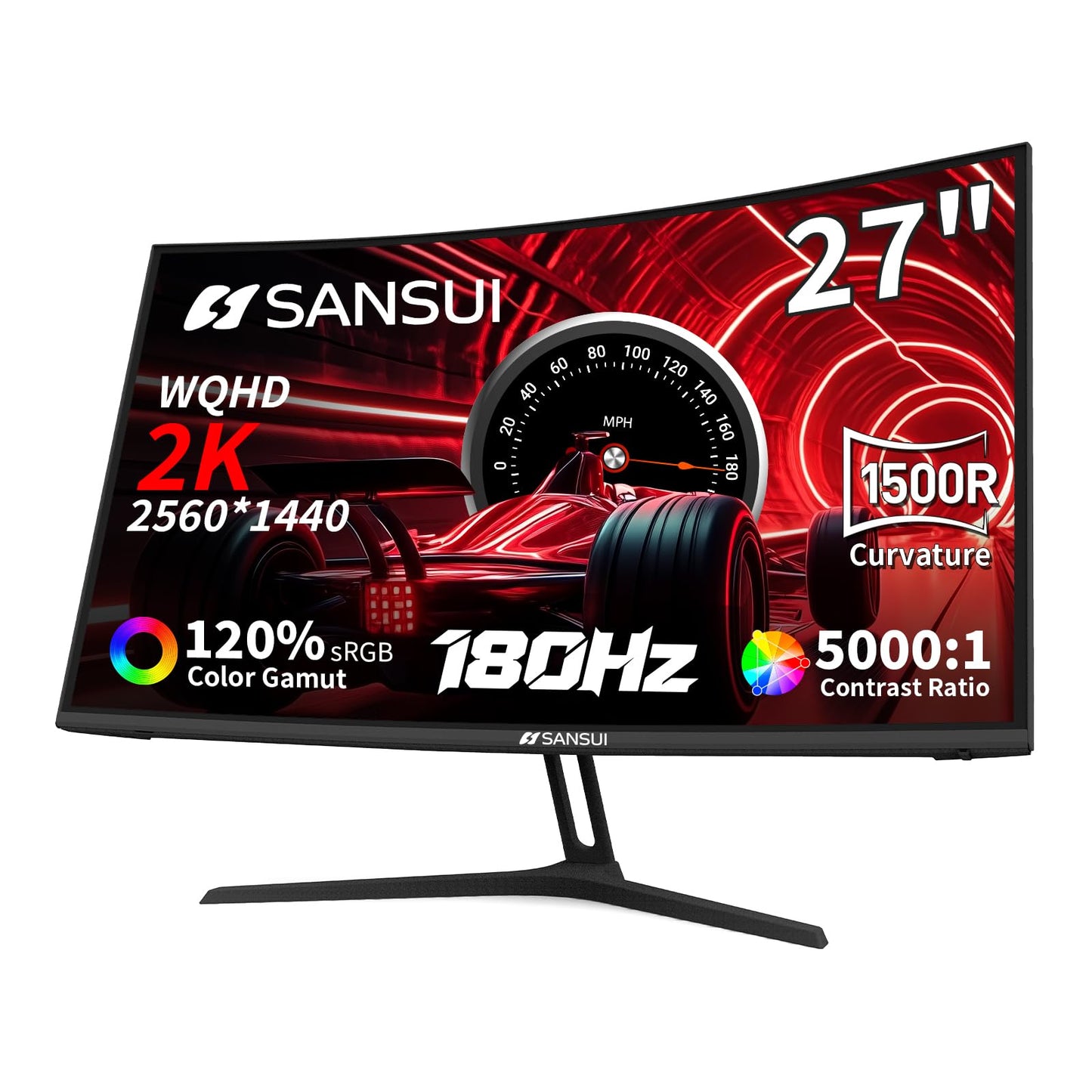 SANSUI 27 Inch WQHD 2560X1440 Curved Gaming Monitor, 180Hz MPRT 1ms Computer Monitor,HDMI2.0 * 2, DP1.2 * 2, Freesync, Curved 15