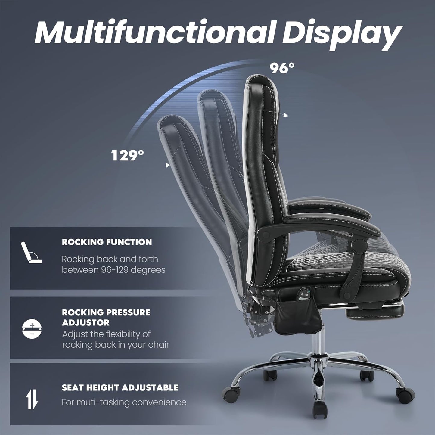 Massage Office Chair with Heat and Footrest –Reclining Desk Chair, Big and Tall Leather Computer Chair with Wheels, PU Executive Office Chair for Home, Gaming, Study, 300 lbs,Black