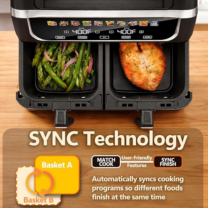 Simple Deluxe 9.5-Qt Dual Basket Air Fryer, 10-in-1 Digital Preset Airfryer, Sync Cook, Independent Temp Control, Shake Reminder, Nonstick Basket, Black