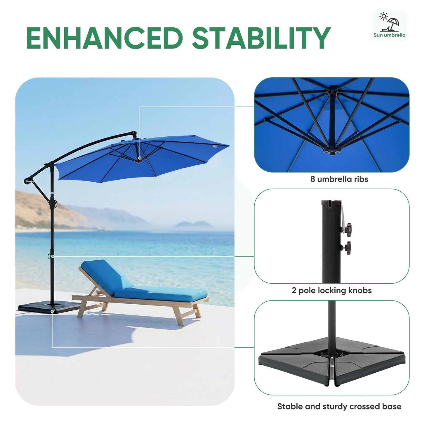 NEWBULIG 10FT Patio Umbrella with Base Included, Offset Cantilever Outdoor Patio Table Umbrella, UV Protection, Fade Resistant Fabric, Easy Tilt Adjustment for Pool, Deck, Garden, Backyard, Blue