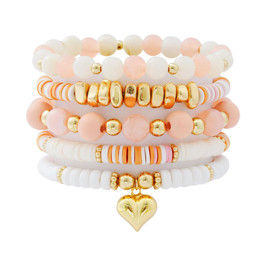 RISHEGAE Heishi Beaded Stretch Bracelets for Women Stackable Gold Polymer Clay Beads Bracelet Friendship Boho Summer Beach Bracelets Jewelry Set (C-Pink Gold Heart)