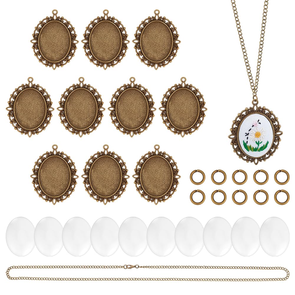 PH PandaHall 10 Sets Embroidery Pendant Kit Embroidery Stitching Necklace Cross Stitch Charms Necklace Bezel Pendant Trays with Cabochons for Beginners DIY Craft Necklaces Earrings Jewelry Making