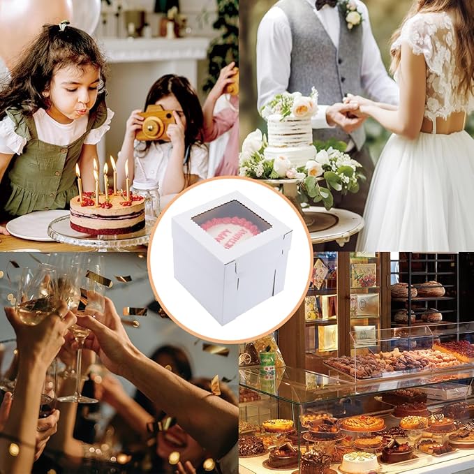 Tall Cake Boxes for Tier Cakes,8X8X10 Inch [4Pack ] Thick Sturdy Cake Box with Window,White Cake Carrier, Disposable Cake Containers