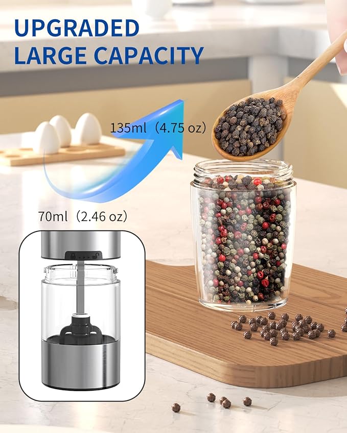 CIRCLE JOY Gravity Electric Salt and Pepper Grinder Set Stainless Steel Automatic Salt and Pepper Grinder Set, Battery Operated, LED Light, Adjustable Coarseness, for Home Kitchen BBQ, Silver