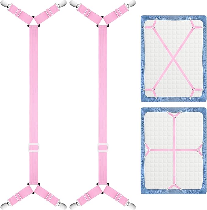 Morcheiong 2 Pack Bed Sheet Fasteners Straps Adjustable Bed Sheet Holder Bands with Sheet Clips for Bedding Stays Bedsheet Tie Downs -Pink