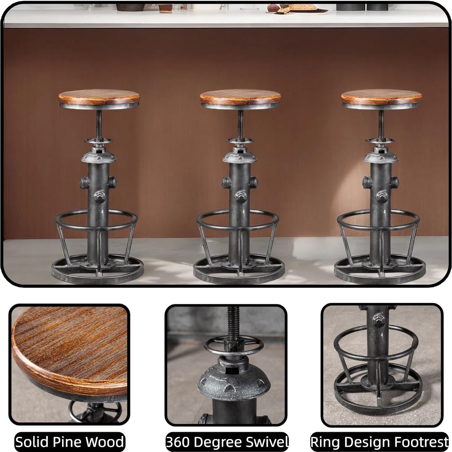 Swivel Bar Stool Industrial Coffee Kitchen Dining Chair Fire Hydrant Design Height Adjustable 24.8-30.7inch Wooden Seat