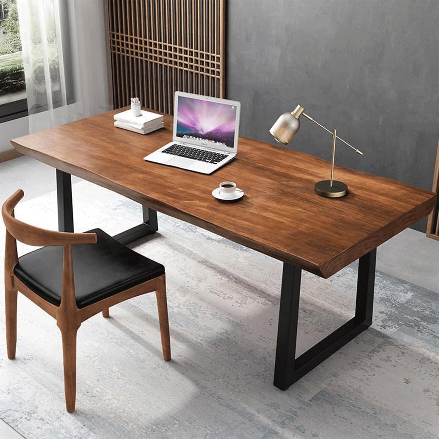 Modern Minimalist Solid Wood Office Desk with Metal Base Easy to Assemble Durable Writing Table Dining Table Computer Desk Multiple Ideal for Living Room and Dining Room (47inch)
