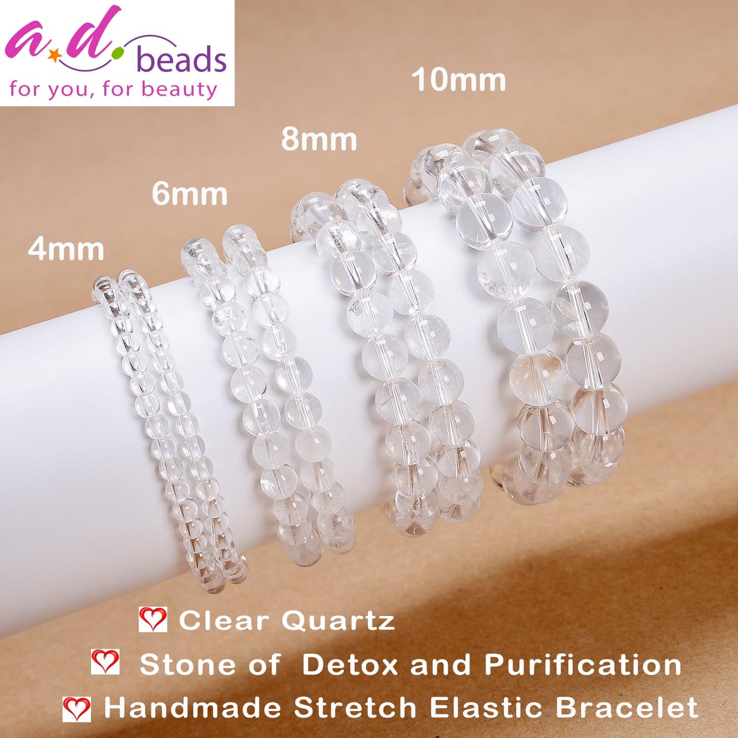 AD Beads Handmade Gemstone Stretch Elastic Bracelet Crystal Healing Reiki Nature's Beauty and Spiritual Essence Unisex (6mm, Clear Quartz (Detox and Purification))