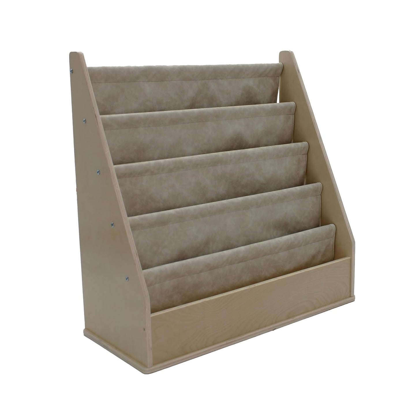 Factory Direct Partners Rustic Kid Birch Sling Book Display; Distressed Faux Leather 4-Shelf Storage for Books or Magazines; Furniture for Bedroom, Playroom, Daycare or Classroom - Almond, 13745-320