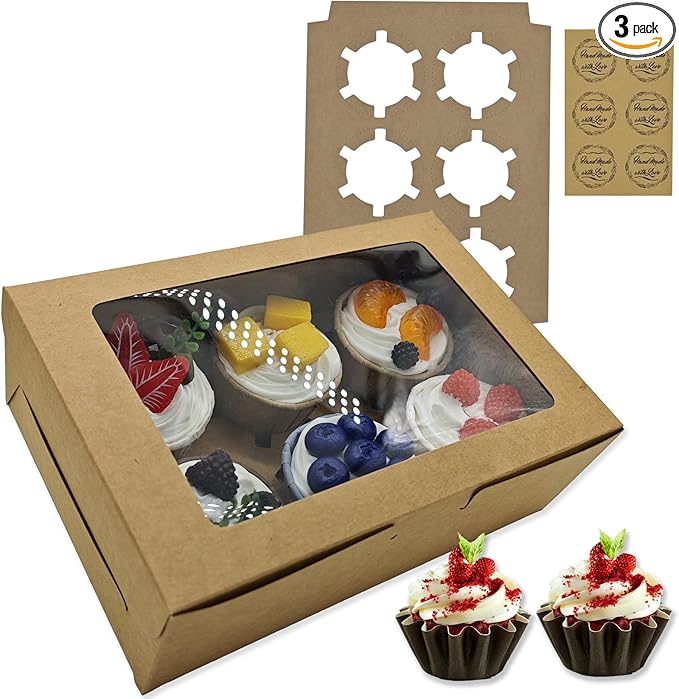 Cupcake Boxes 6 Count, Disposable Cupcake Containers, Food Grade Carrier with Window and Inserts for Cupcakes Muffins Cookies Pastries Donuts (Kraft Brown, 3 Pack)