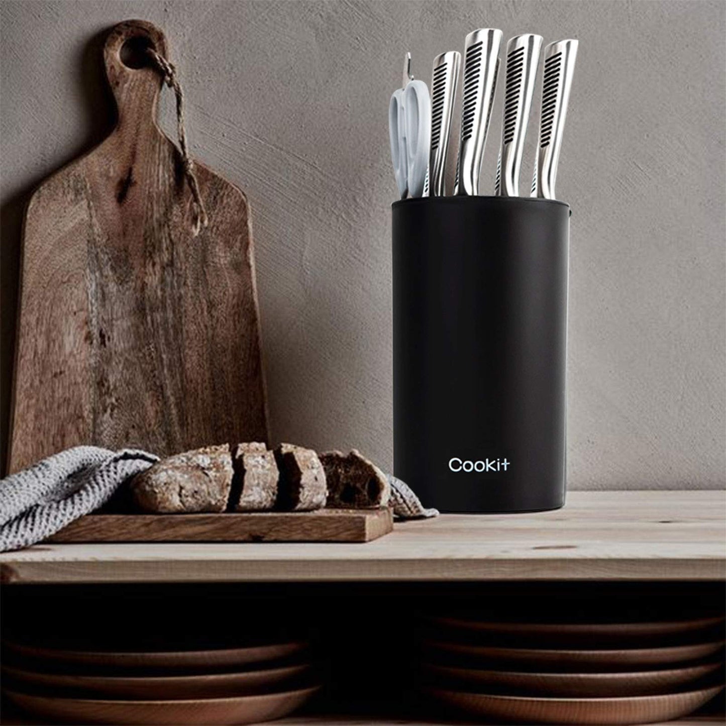 Knife Block Without Knives, Cookit Universal Round Knife Block Only, Detachable Knife Holder for Easy Cleaning, Space Saver Knife Storage Holder with Scissors Slot, Black