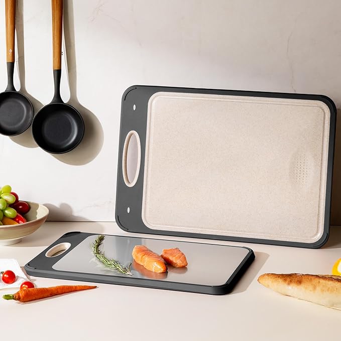 2 Packs Stainless Steel Cutting Board Set, Best Non Toxic Cutting Boards for Kitchen, Double Sided Metal Chopping Board for Meat/Fruit/Vegetables, Food Grade Kitchen Set Gift, [16”×11”+18”×12” Inch]