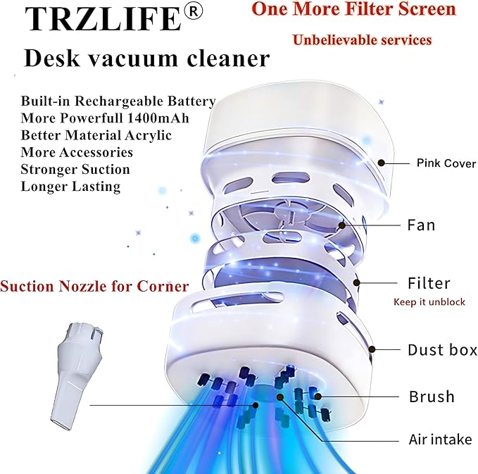 TRZLIFE Cordless Desk Vacuum Cleaner, Upgraded Rechargeable Mini Desktop Vacuum Sucks up Crumbs Debris from Office Desk Countertop White Elephant Tech Gift for Easter Christmas Stocking Stuffer Pink